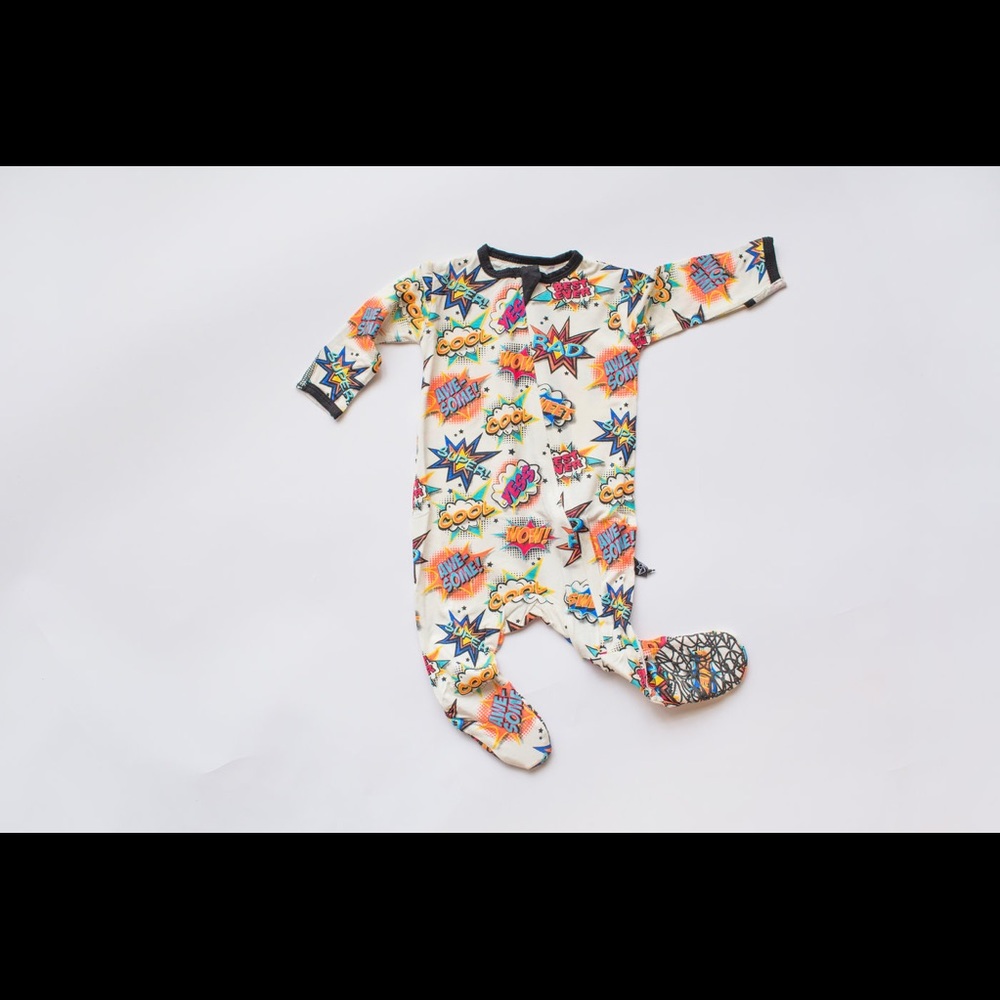 Comic print bamboo footed sleeper